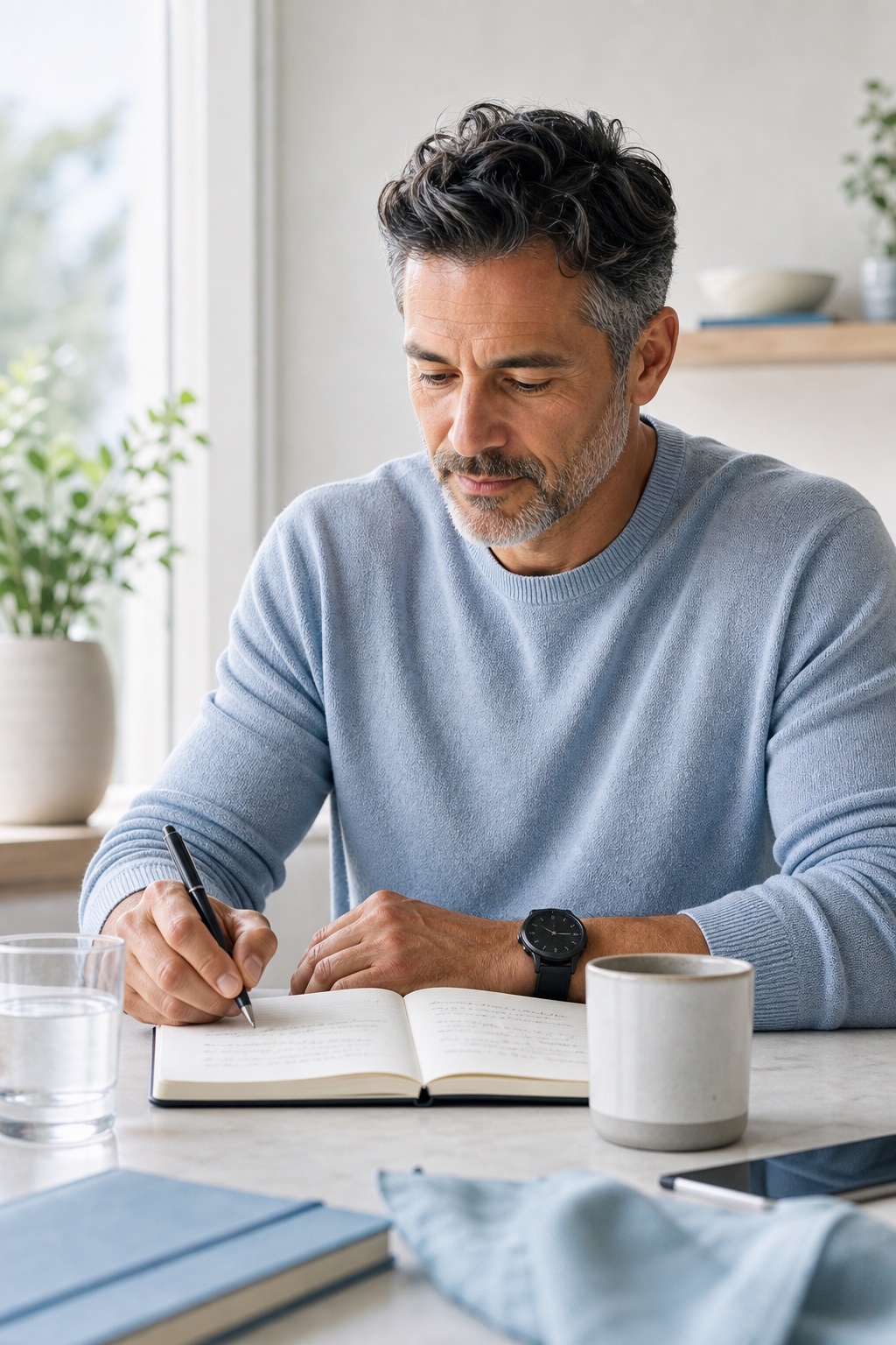 Founder photo placeholder showing a person writing notes at a bright table.