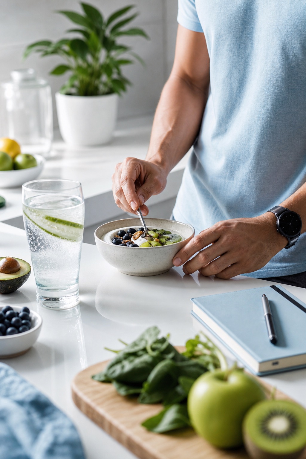 A clean breakfast and hydration ritual on a bright kitchen counter.