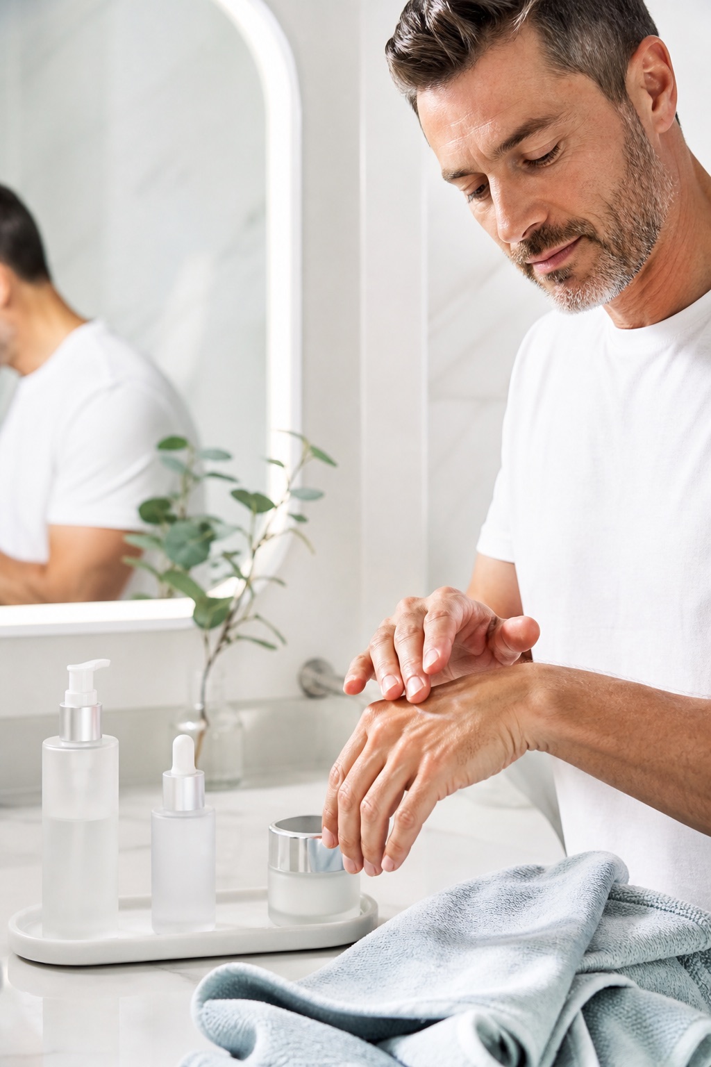 Minimal skincare essentials arranged on a bright bathroom counter.