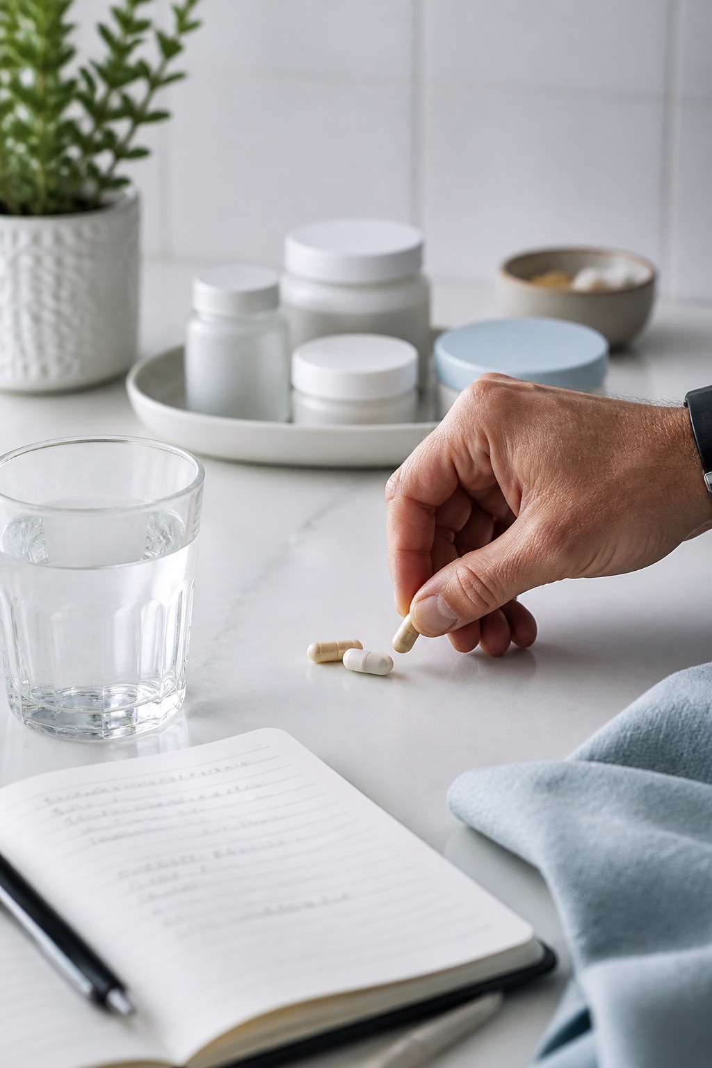Unlabeled supplements, water and a journal on a clean white surface.